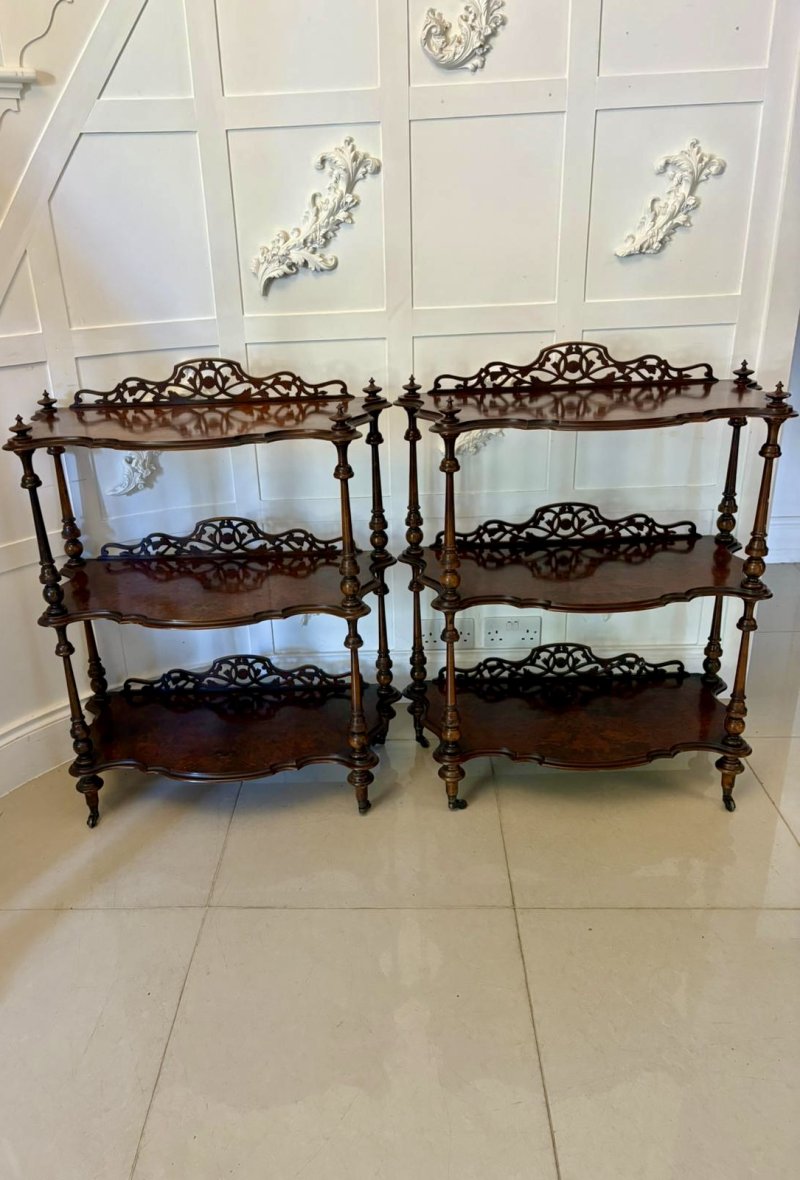 Unusual Pair of Antique Victorian Quality Burr Walnut Whatnots - Image 2